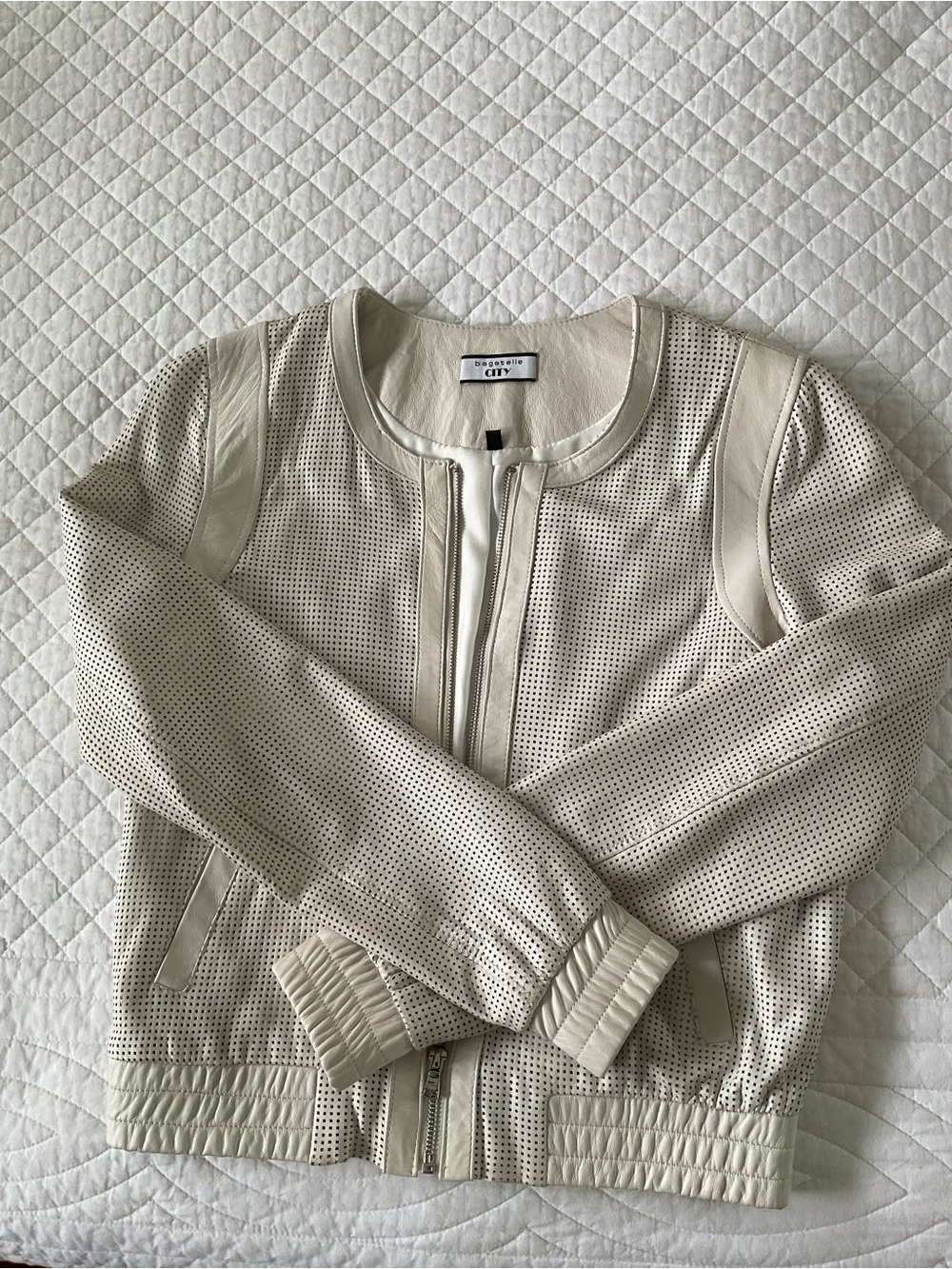 Bagatelle City Perforated Leather Bomber Jacket Off White - Picture 6 of 9